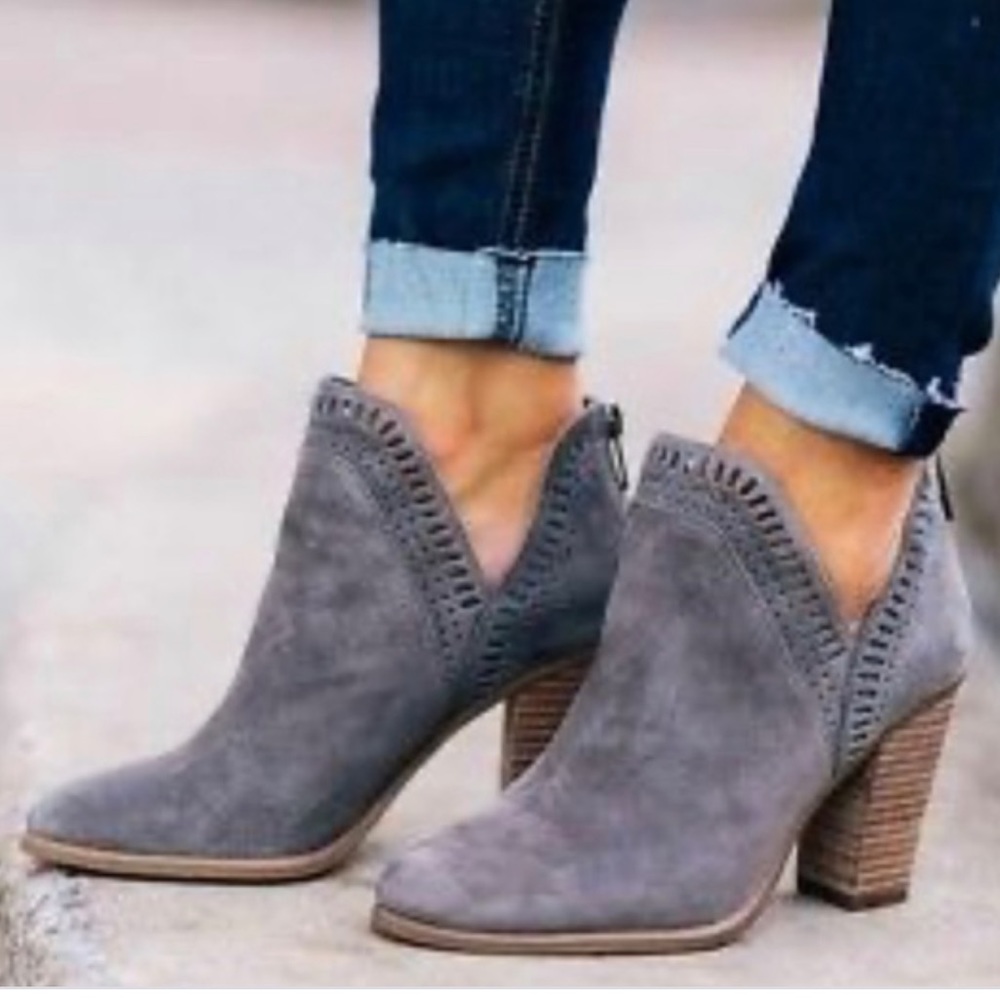 Vince Camuto Fileana Split Gray Suede CutOut Heel Booties Women